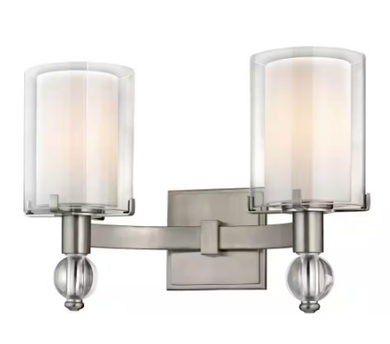 Sofia 2-Light Satin Nickel Sconce with Clear Outer Glass and Opal Inner Glass