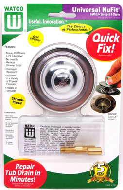 Watco Universal NuFit Push Pull Bathtub Stopper with Grid Strainer and Silicone, Two Pins in Chrome Plated