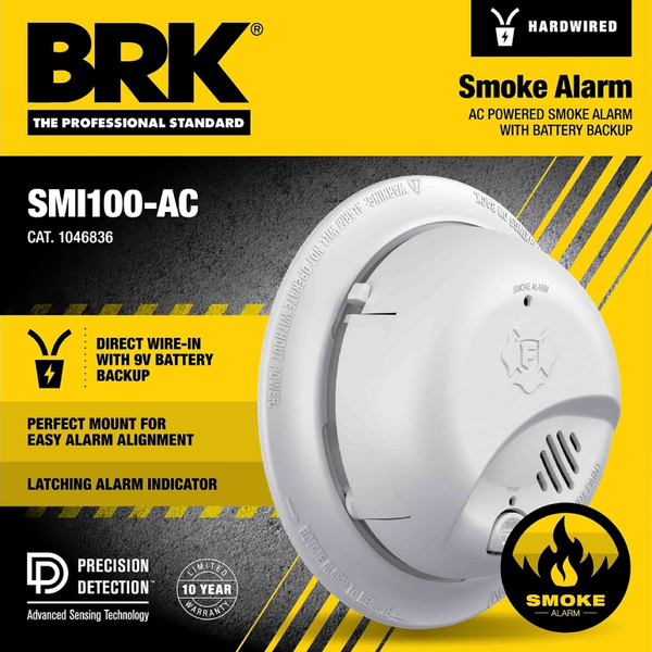 BRK -  Smoke Alarm - Detects Flaming Fires - Ionization Sensor Interconnectable - 120 Volt - 9 Volt Carbon Zinc Battery Backup #SMI100-AC