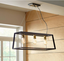 Load image into Gallery viewer, HD-1547-I Walden Forge 3-Light Black Frame Linear Island Pendant with Antique Brass Sockets