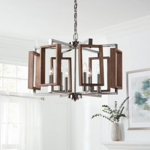 HD-1253BN Zurich 6-Light Brushed Nickel Chandelier with Wood Accents