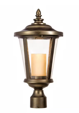 HD-1199-LED Bellingham - Soporte de poste mediano LED para exteriores, bronce aceitado, con vidrio transparente y vela de vidrio ámbar