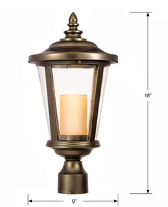HD-1199-LED Bellingham - Soporte de poste mediano LED para exteriores, bronce aceitado, con vidrio transparente y vela de vidrio ámbar