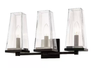 Lámpara de tocador Chaminet de bronce envejecido con 3 luces y pantalla de cristal