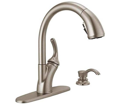 DELTA - Recertified Shiloh Single Handle Pull-Out Kitchen Faucet with Soap Dispenser and ShieldSpray® Technology in Spotshield Stainless #19790Z-SPSD-DST