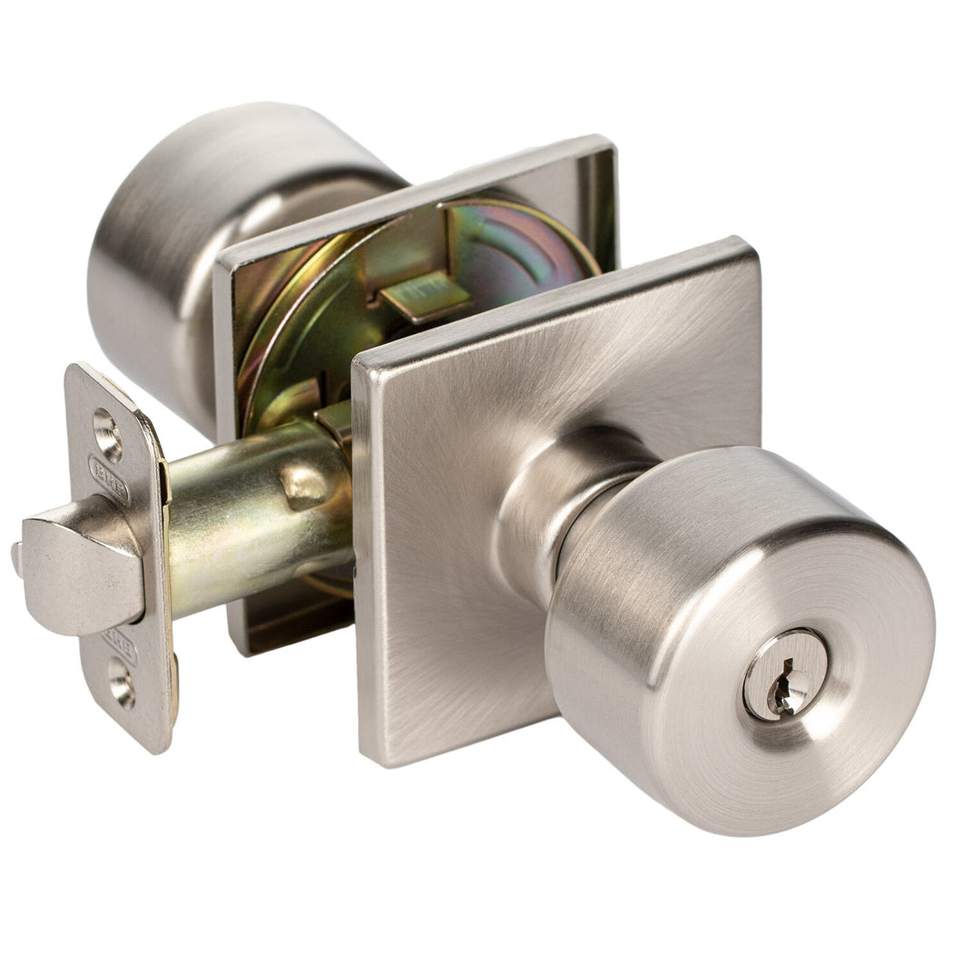 BHP Union Square Modern Flat Keyed Entry Door Knob Exterior Handle Lock with Square Rose in Satin Nickel